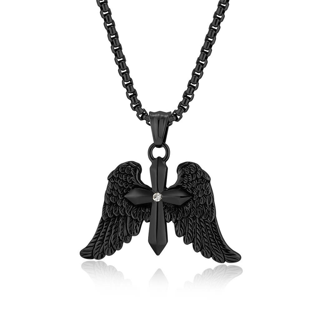 FREE Today: Tri - Color Winged Cross Pendant Necklace: Fusion of Faith and Edgy Style - Black - image 3
