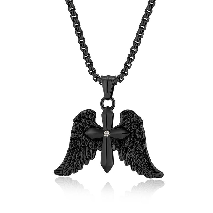 FREE Today: Tri - Color Winged Cross Pendant Necklace: Fusion of Faith and Edgy Style - Black - image 3