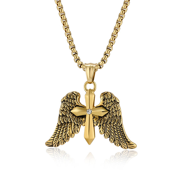 FREE Today: Tri - Color Winged Cross Pendant Necklace: Fusion of Faith and Edgy Style - Golden - image 2