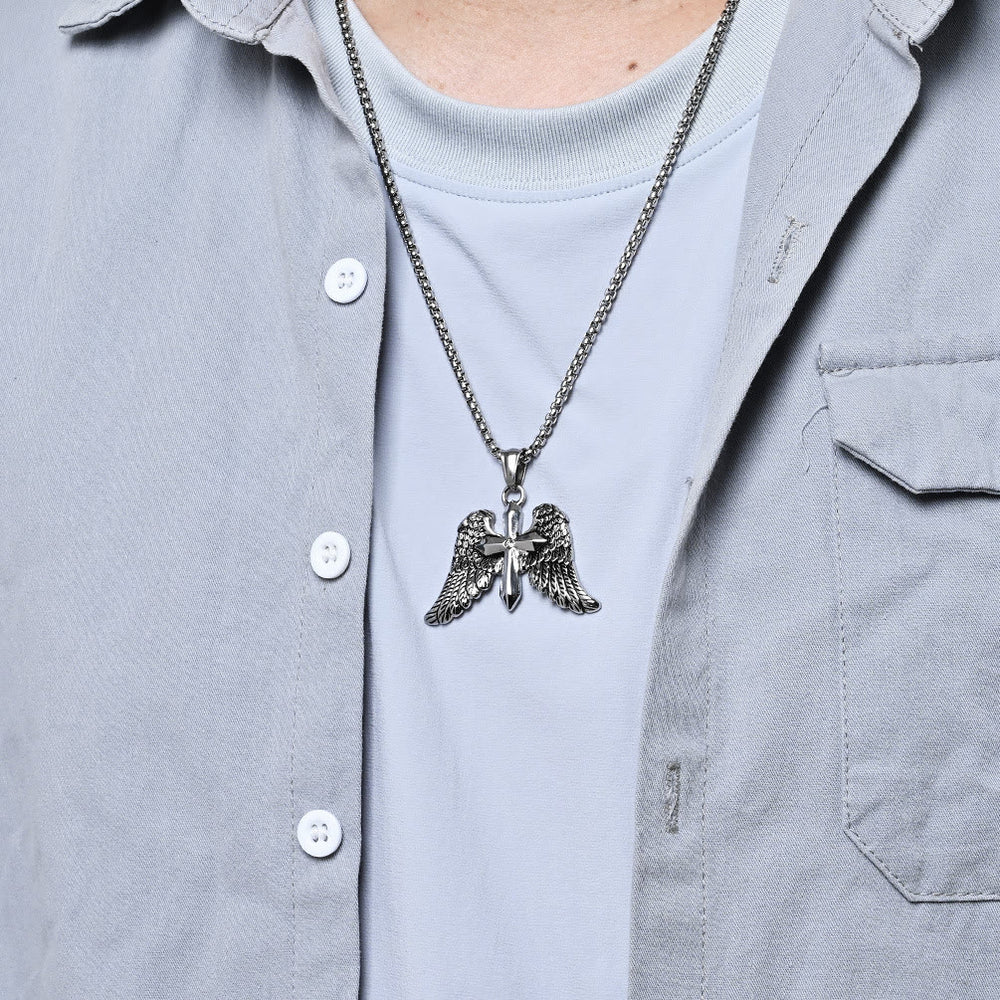 FREE Today: Tri - Color Winged Cross Pendant Necklace: Fusion of Faith and Edgy Style - image 1