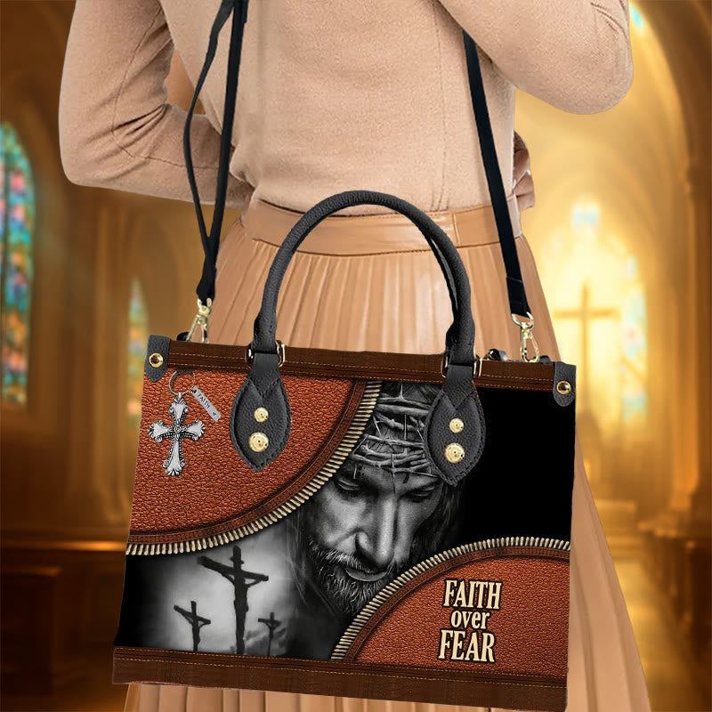 Christianartworkshop Faith Over Fear Jesus Themed Leather Handbag: Carry Courage and Christ with You - L - Regular - image 0
