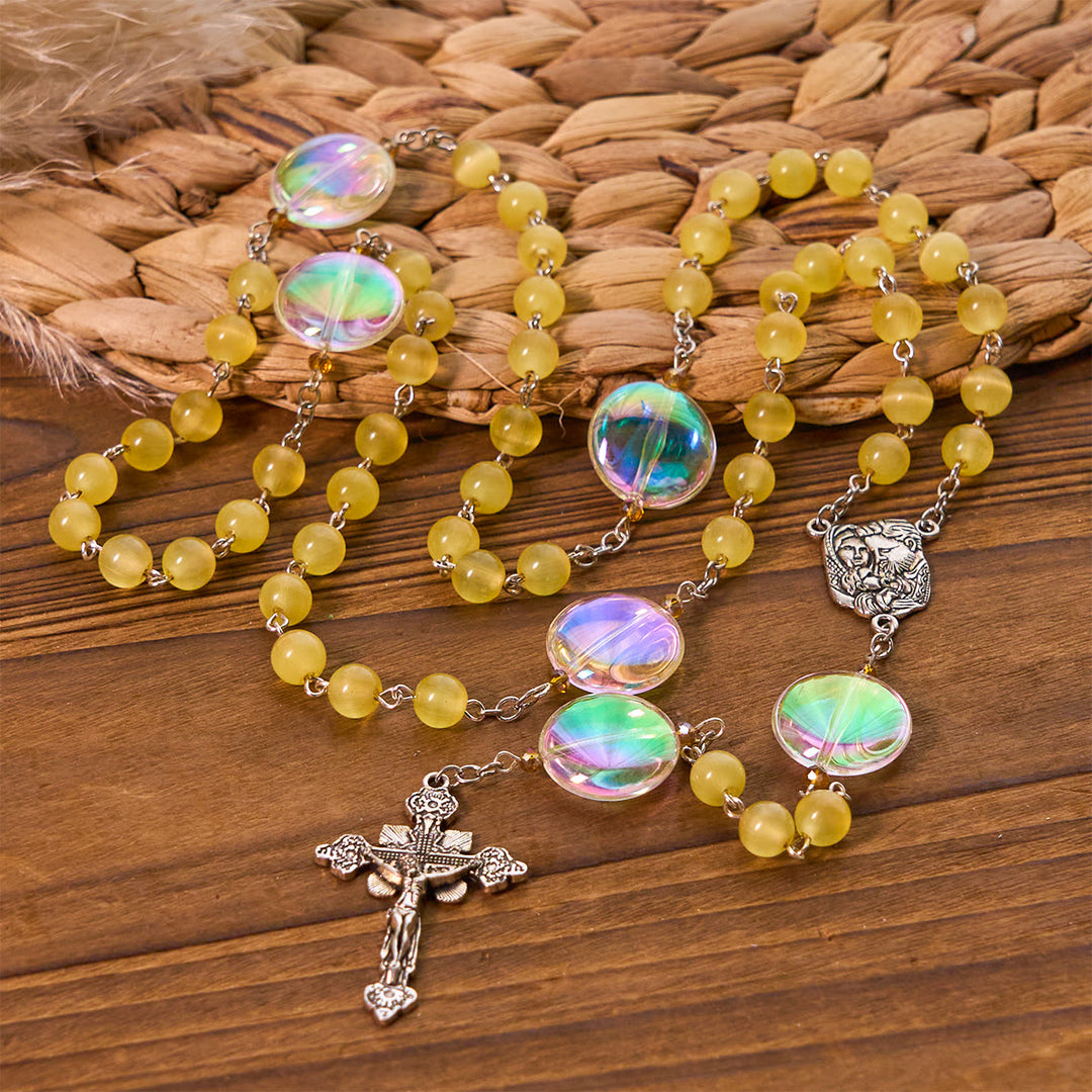 Christianartworkshop Unique Oversized Rainbow Aurora Beads Catholic Rosary with Holy Family Medal - image 0