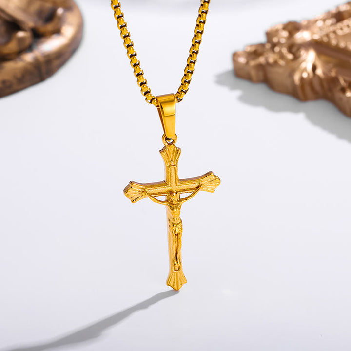 Christianartworkshop Tri - Color Jesus Crucifix Necklace: A Fusion of Faith and Stylish Hues - Golden - image 1