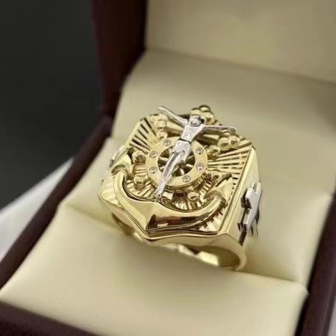 Christianartworkshop Golden Artistic Ring with Silver Jesus Crucifix: A Symbol of Devotion - US13 - Crucifix - image 0