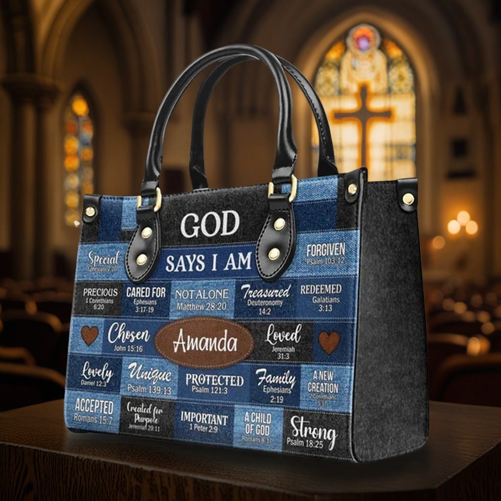 Christianartworkshop Blue & Brown Patchwork Pattern Personalized Leather Handbag with Scripture Quotes - L - Regular (No Custom) - image 0