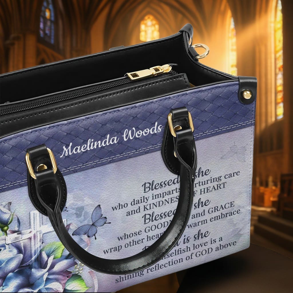 Christianartworkshop Graceful Scripture Blessed is She Personalized Leather Handbag in Violet Blue Tones - image 6