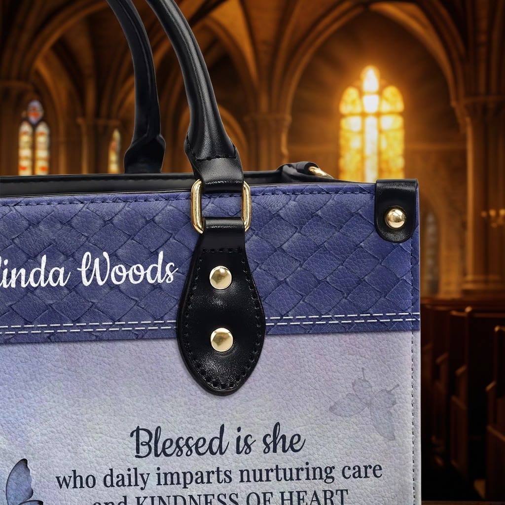 Christianartworkshop Graceful Scripture Blessed is She Personalized Leather Handbag in Violet Blue Tones - image 7