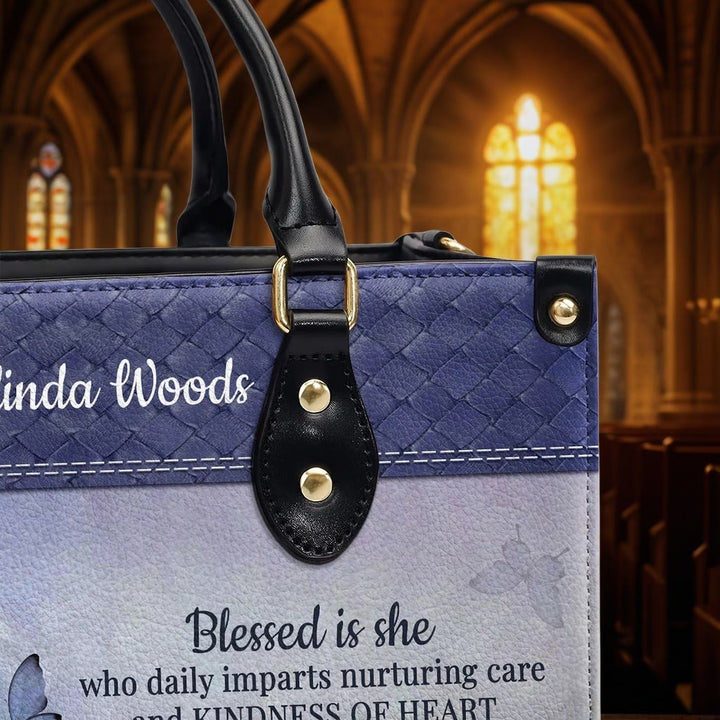 Christianartworkshop Graceful Scripture Blessed is She Personalized Leather Handbag in Violet Blue Tones - image 7