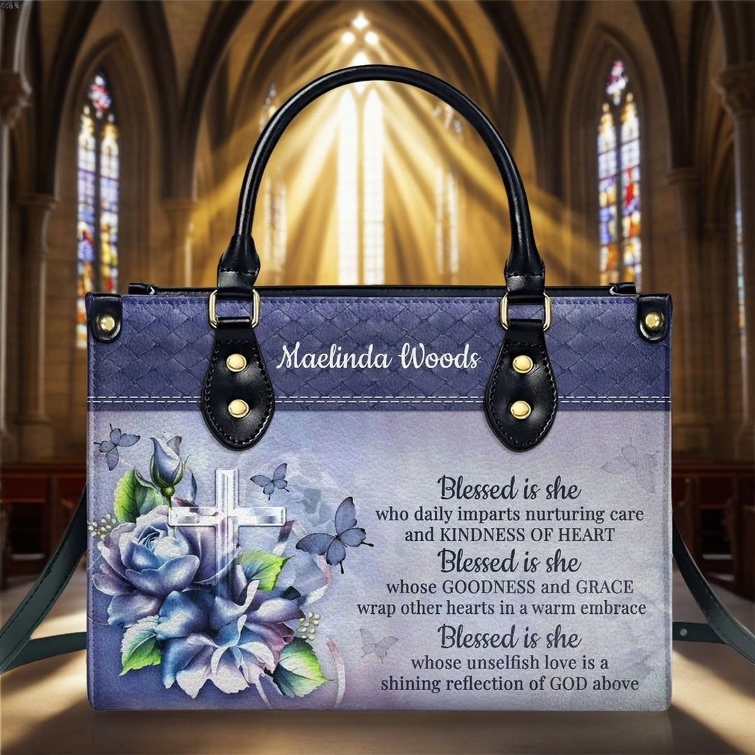 Christianartworkshop Graceful Scripture Blessed is She Personalized Leather Handbag in Violet Blue Tones - L - Regular (No Custom) - image 0