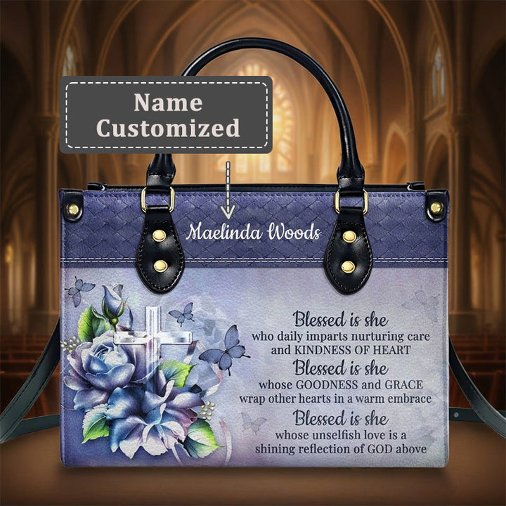 Christianartworkshop Graceful Scripture Blessed is She Personalized Leather Handbag in Violet Blue Tones - L - Name Customized - image 4