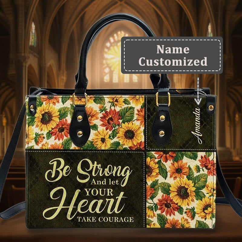 Christianartworkshop Patchwork Personalized Leather Handbag with Sunflowers & Inspirational Quote - L - Name Customized - image 6