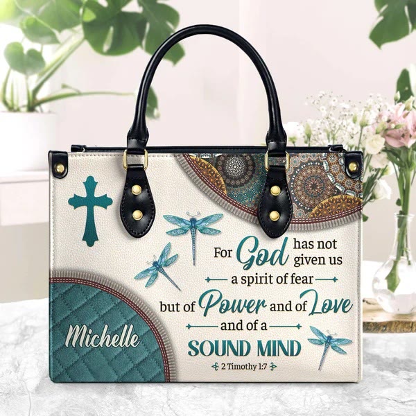 Christianartworkshop Faith & Nature Personalized Leather Handbag: Cross, Dragonflies & Bible Verse - L - Regular (No Custom) - image 0