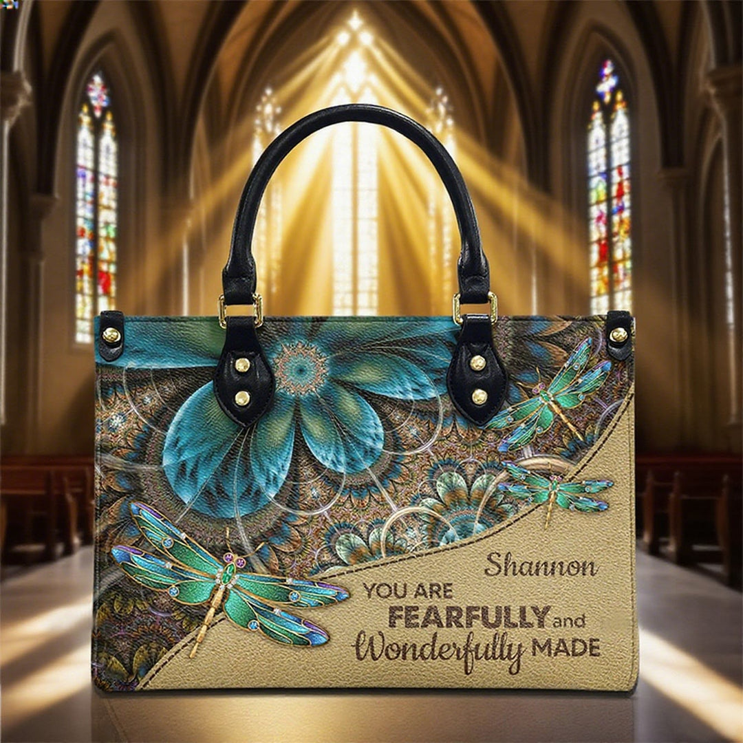Christianartworkshop Floral Dragonfly Personalized Leather Handbag with Scripture Quote - L - Regular (No Custom) - image 0