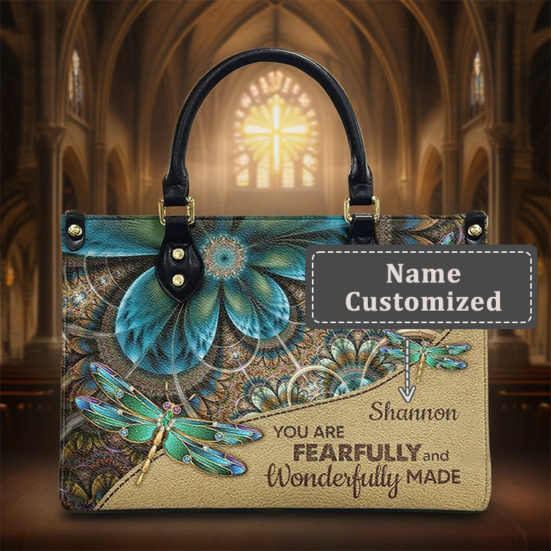 Christianartworkshop Floral Dragonfly Personalized Leather Handbag with Scripture Quote - L - Name Customized - image 4