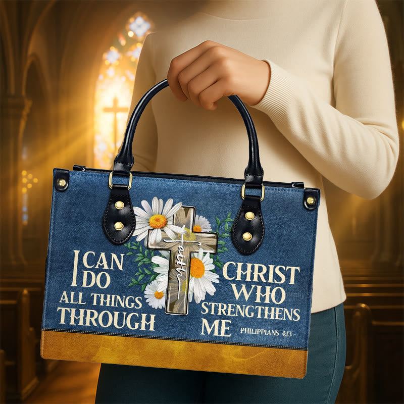 Christianartworkshop I Can Do All Things Through Christ Daisy Floral Personalized Leather Handbag - image 1