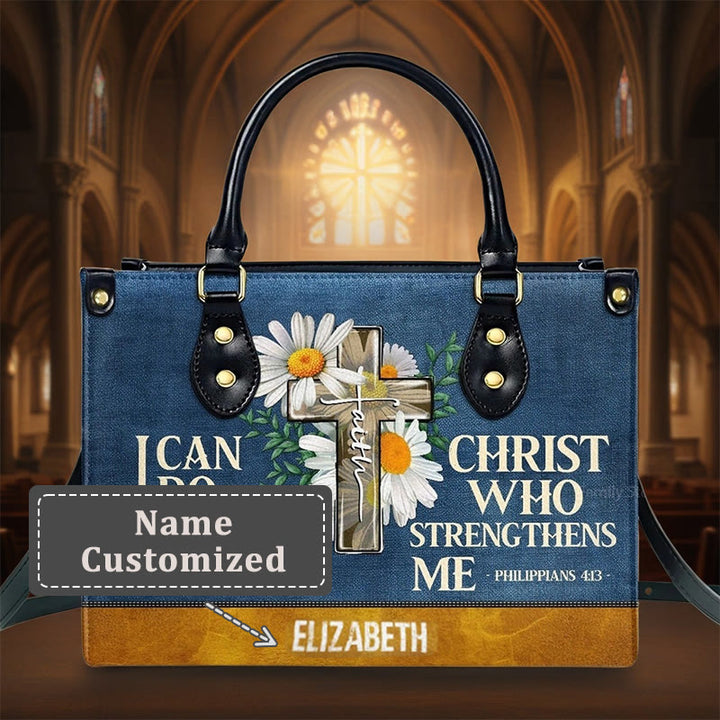 Christianartworkshop I Can Do All Things Through Christ Daisy Floral Personalized Leather Handbag - L - Name Customized - image 4
