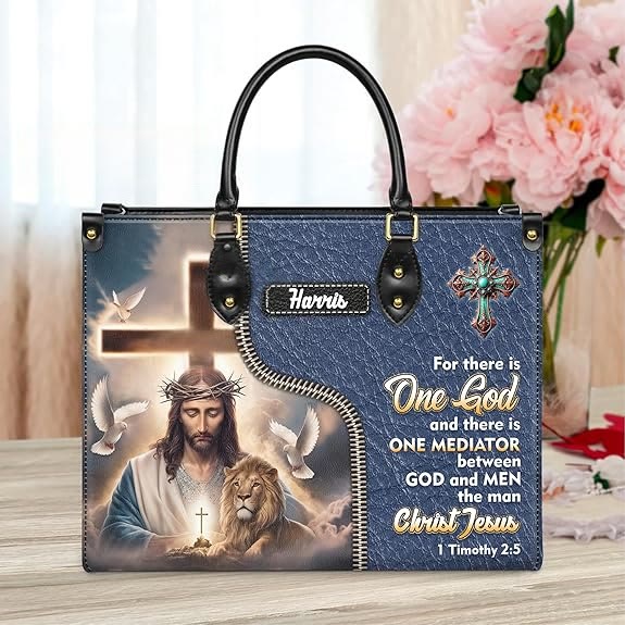 Christianartworkshop Personalized Leather Handbag with Jesus, Lion & 1 Timothy 2:5 Verse - XL - Regular (No Custom) - image 0