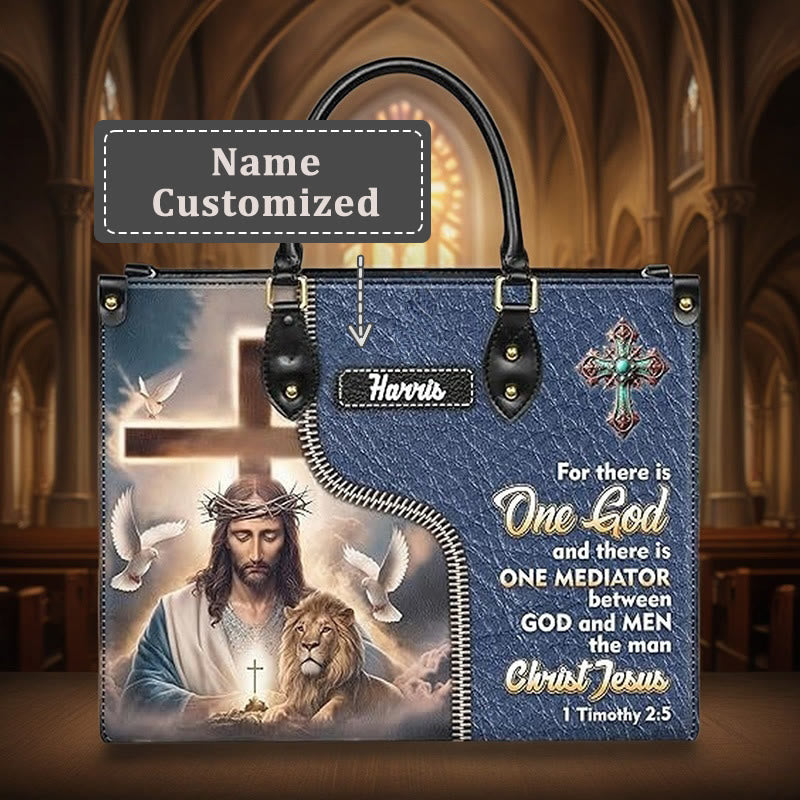 Christianartworkshop Personalized Leather Handbag with Jesus, Lion & 1 Timothy 2:5 Verse - L - Name Customized - image 6
