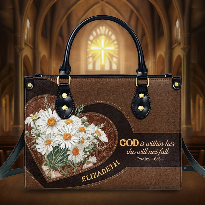 Christianartworkshop Psalm 46:5 Inspired Personalized Leather Handbag with Daisies & Heart Design - L - Regular (No Custom) - image 0