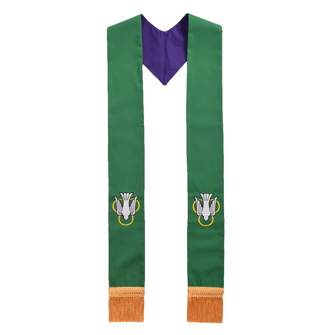 Christianartworkshop Green Clergy Stole with Holy Spirit Dove, Purple Lining & Golden Fringe - Green - Standard Liturgical (270cm Total) - image 0
