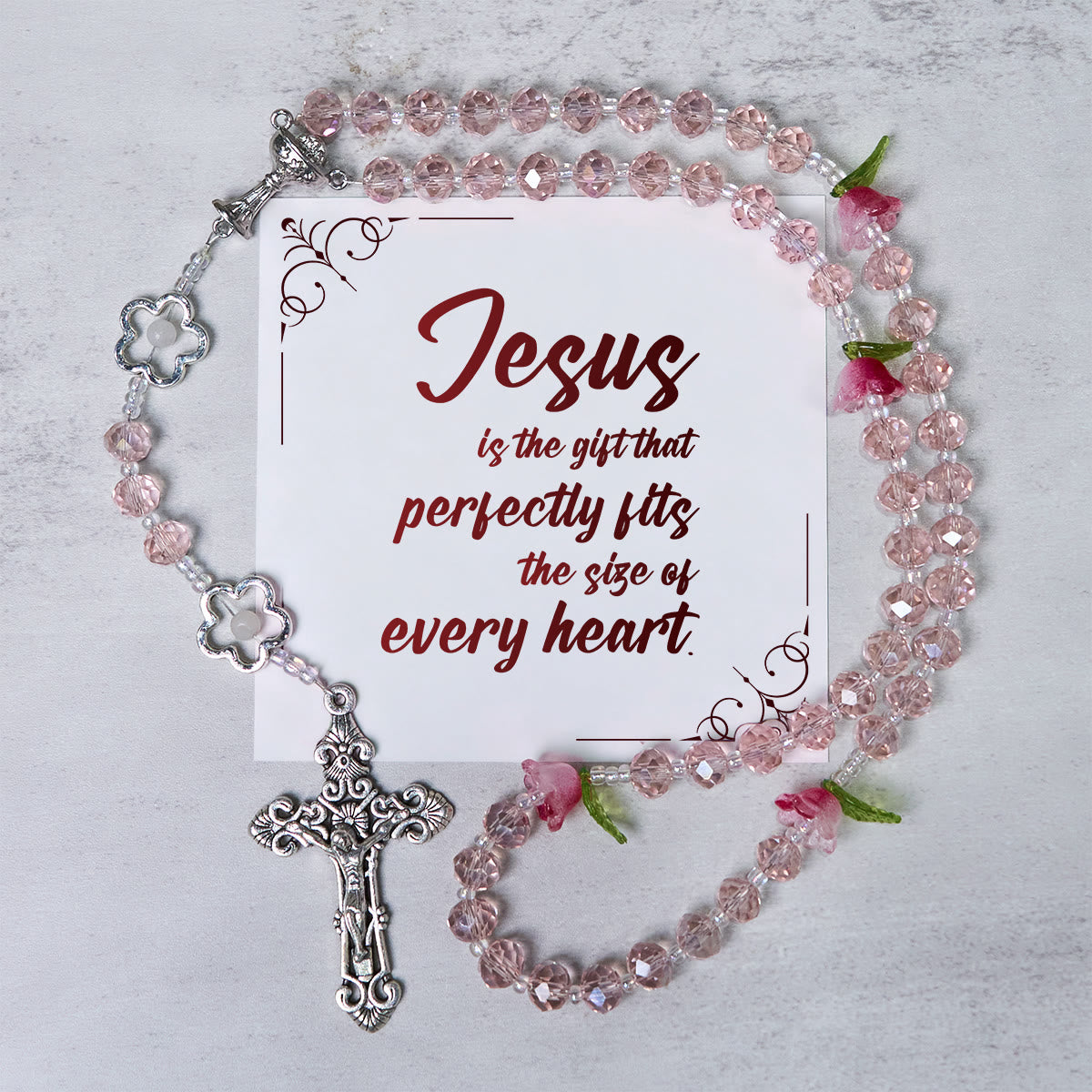 Christianartworkshop Pink Crystal Rosary with 3D Rose Beads