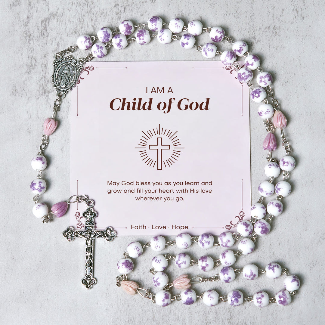 Christianartworkshop PRAYERFUL FAITH: Handmade Purple Flower Beads Rosary with Gift Card - Child of God - image 1