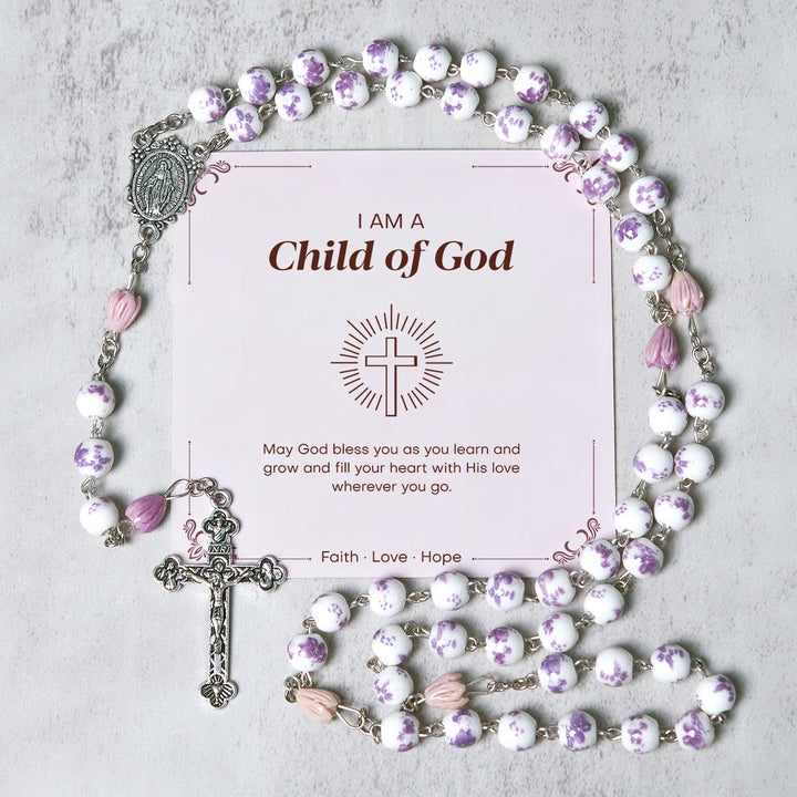 Christianartworkshop PRAYERFUL FAITH: Handmade Purple Flower Beads Rosary with Gift Card - Child of God - image 1