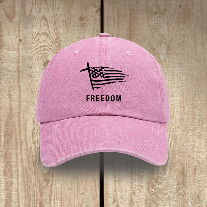 Christianartworkshop Adjustable Patriotic Washed Hat: Cross, American Flag & FREEDOM Emblem - Pink - image 0