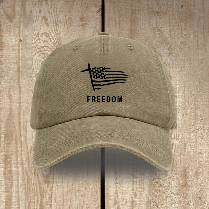 Christianartworkshop Adjustable Patriotic Washed Hat: Cross, American Flag & FREEDOM Emblem - Khaki - image 10