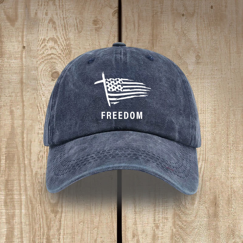Christianartworkshop Adjustable Patriotic Washed Hat: Cross, American Flag & FREEDOM Emblem - Navy Blue - image 9