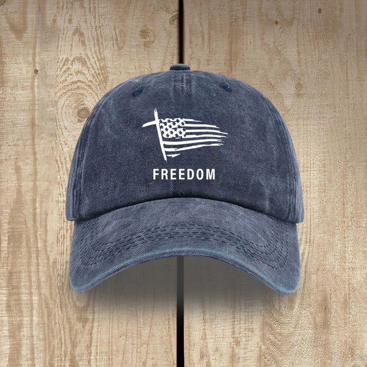 Christianartworkshop Adjustable Patriotic Washed Hat: Cross, American Flag & FREEDOM Emblem - Navy Blue - image 9