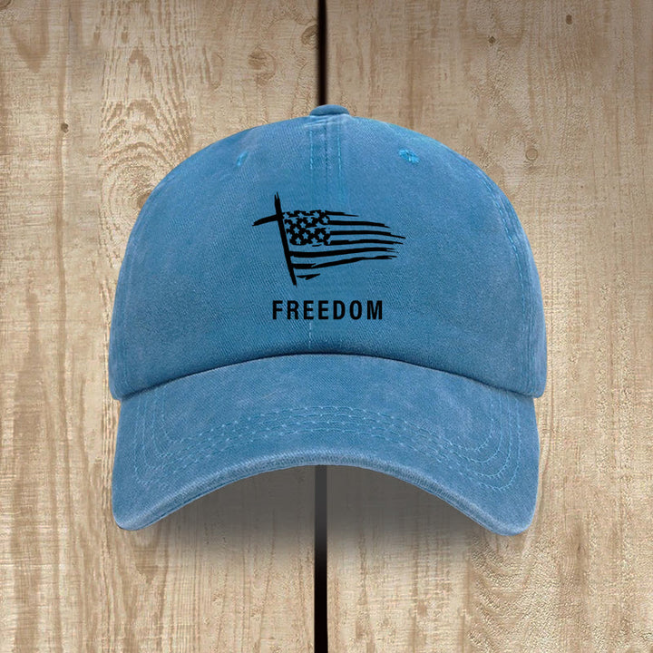 Christianartworkshop Adjustable Patriotic Washed Hat: Cross, American Flag & FREEDOM Emblem - Royal Blue - image 8