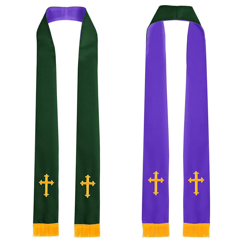 Christianartworkshop Colorful Style Versatile Reversible Liturgical Clergy Stole with Golden Tassel Trim - Purple & Green - Standard Liturgical (270cm Total) - image 7