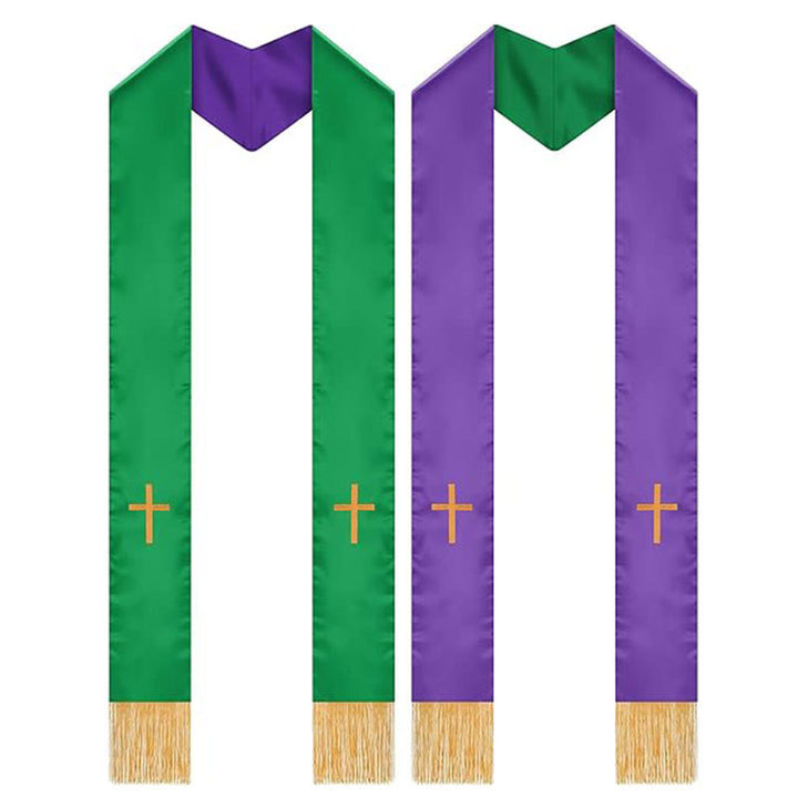 Christianartworkshop Traditional Multi-Color Clergy Stole with V-Neck & Straight Neck - Purple & Green (Reversible) - image 5