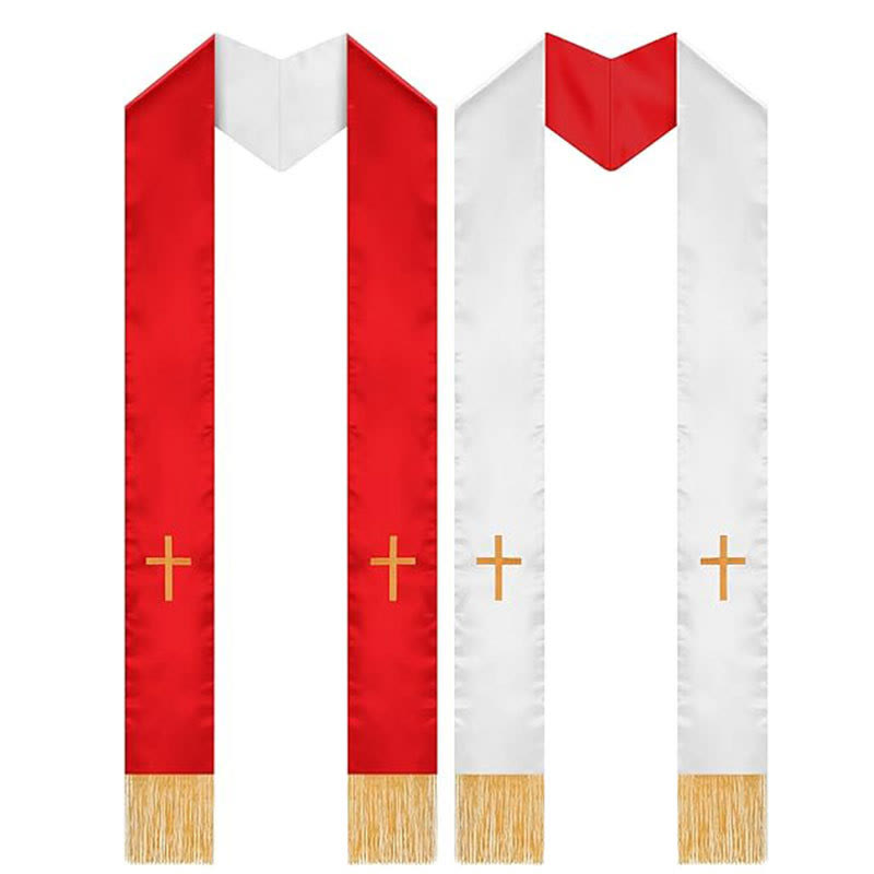 Christianartworkshop Traditional Multi-Color Clergy Stole with V-Neck & Straight Neck - Red & White (Reversible) - image 8