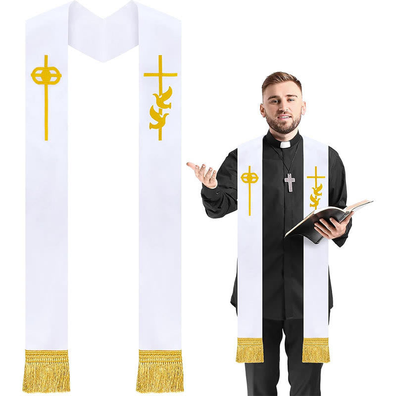 Christianartworkshop Pure White Liturgical Stole with Golden Cross and Holy Spirit Dove - White - Standard Liturgical (270cm Total) - image 0