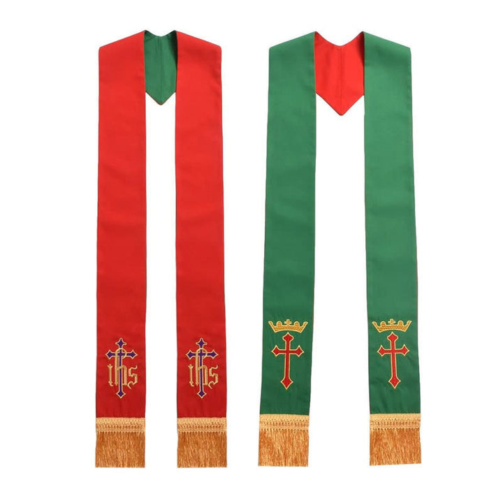 Christianartworkshop Red and Green Reversible Clergy Stole Featuring Cross and IHS Monogram - Red & Green - Standard Liturgical (270cm Total) - image 0