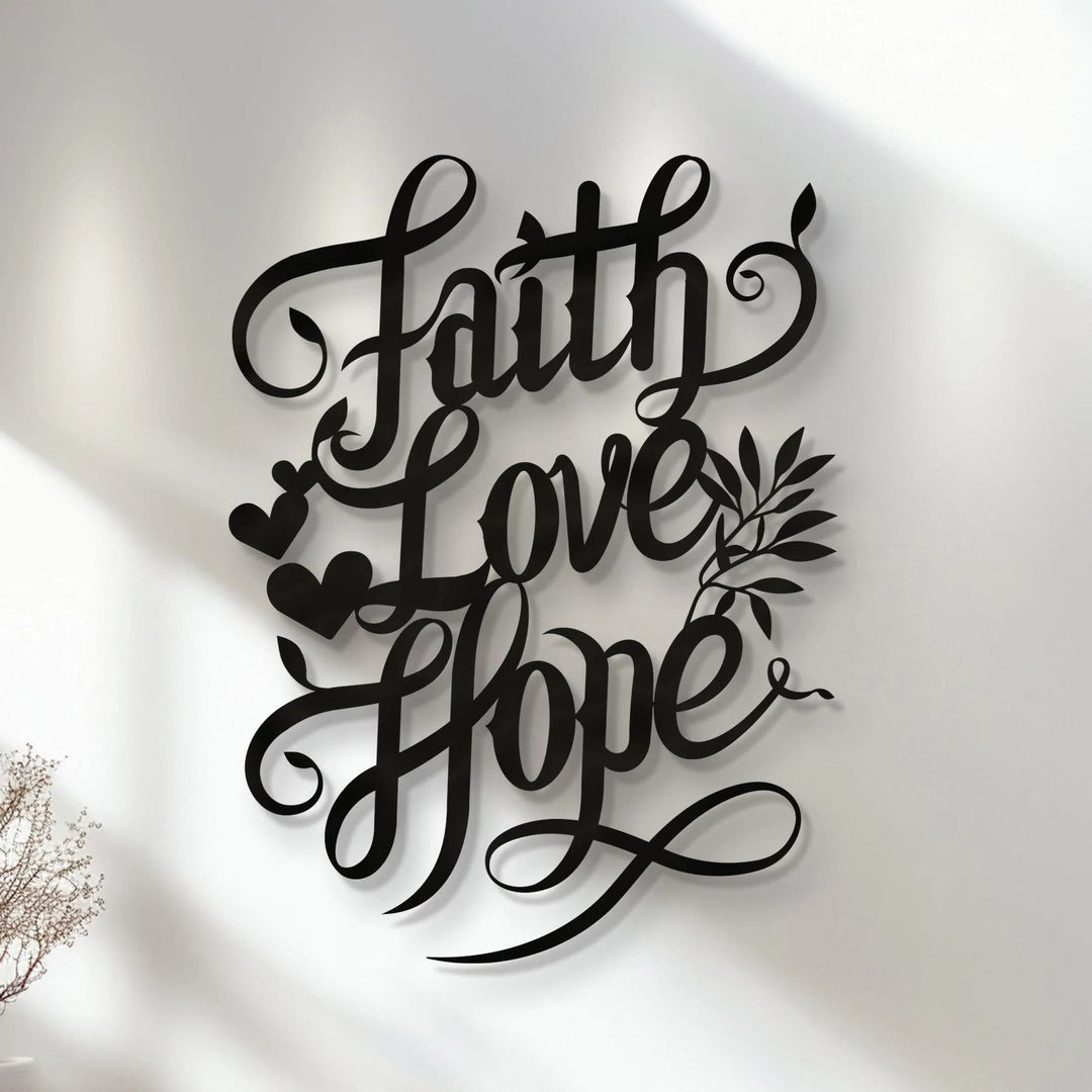 Scripted Faith Faith Love Hope Script Metal Wall Decor with Heart & Leaf Accents ...