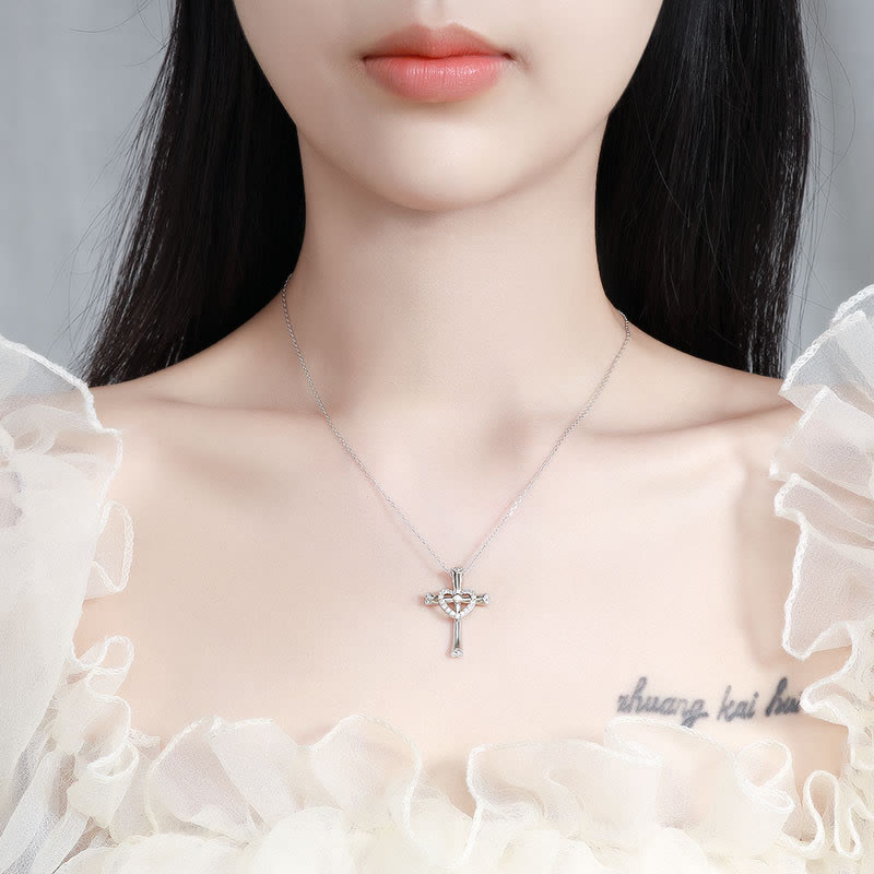 Christianartworkshop 925 Silver Cross & Heart Zircon Necklace: Faith Meets Love in Sparkle - image 1