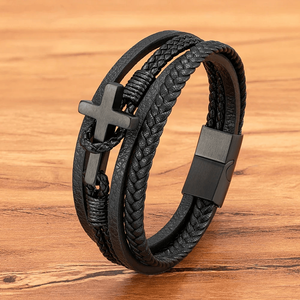 Christianartworkshop Tri - Color Stainless Steel Cross & Braided Leather Fashion Bracelet - Black - 23CM - image 0