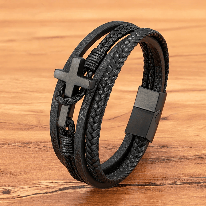 FREE Today: Tri - Color Stainless Steel Cross & Braided Leather Fashion Bracelet - Black - 23CM - image 0