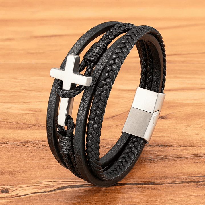 FREE Today: Tri - Color Stainless Steel Cross & Braided Leather Fashion Bracelet - Silver - 23CM - image 6