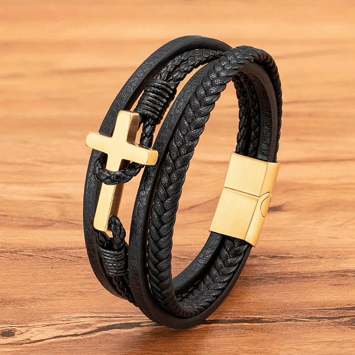 FREE Today: Tri - Color Stainless Steel Cross & Braided Leather Fashion Bracelet - Golden - 23CM - image 5