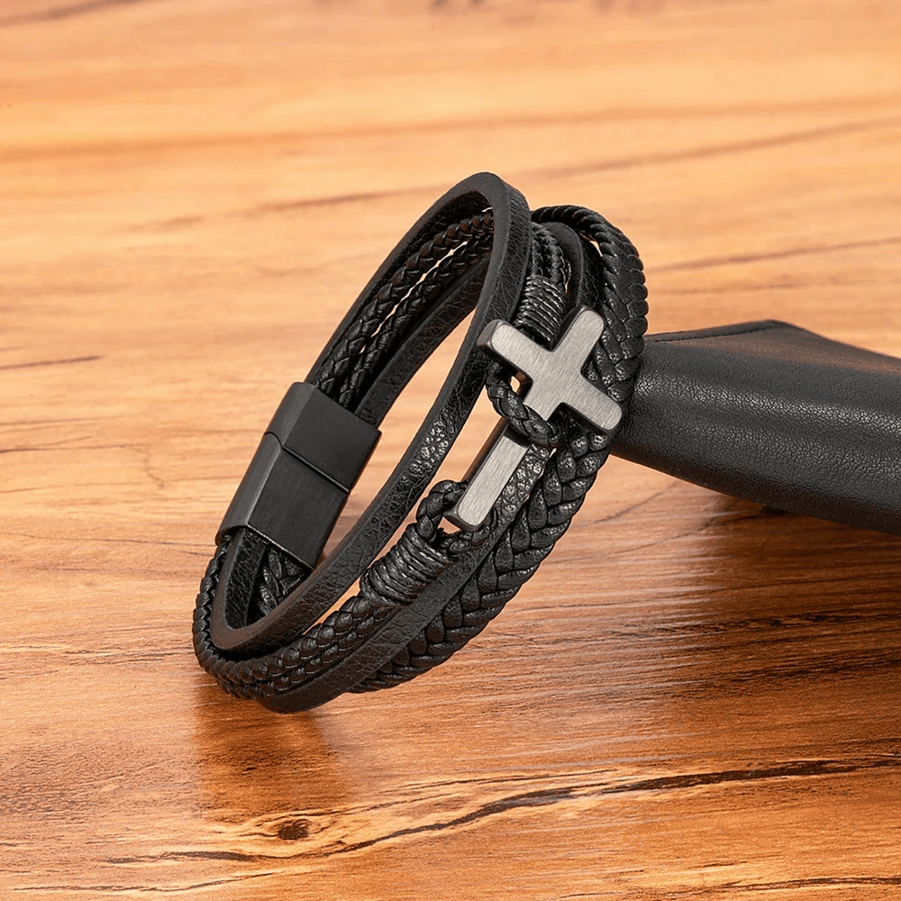 FREE Today: Tri - Color Stainless Steel Cross & Braided Leather Fashion Bracelet - image 2