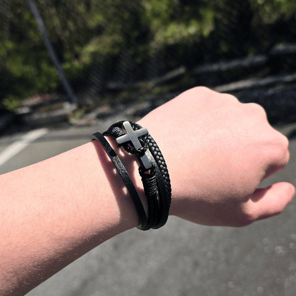 Christianartworkshop Tri - Color Stainless Steel Cross & Braided Leather Fashion Bracelet - image 1