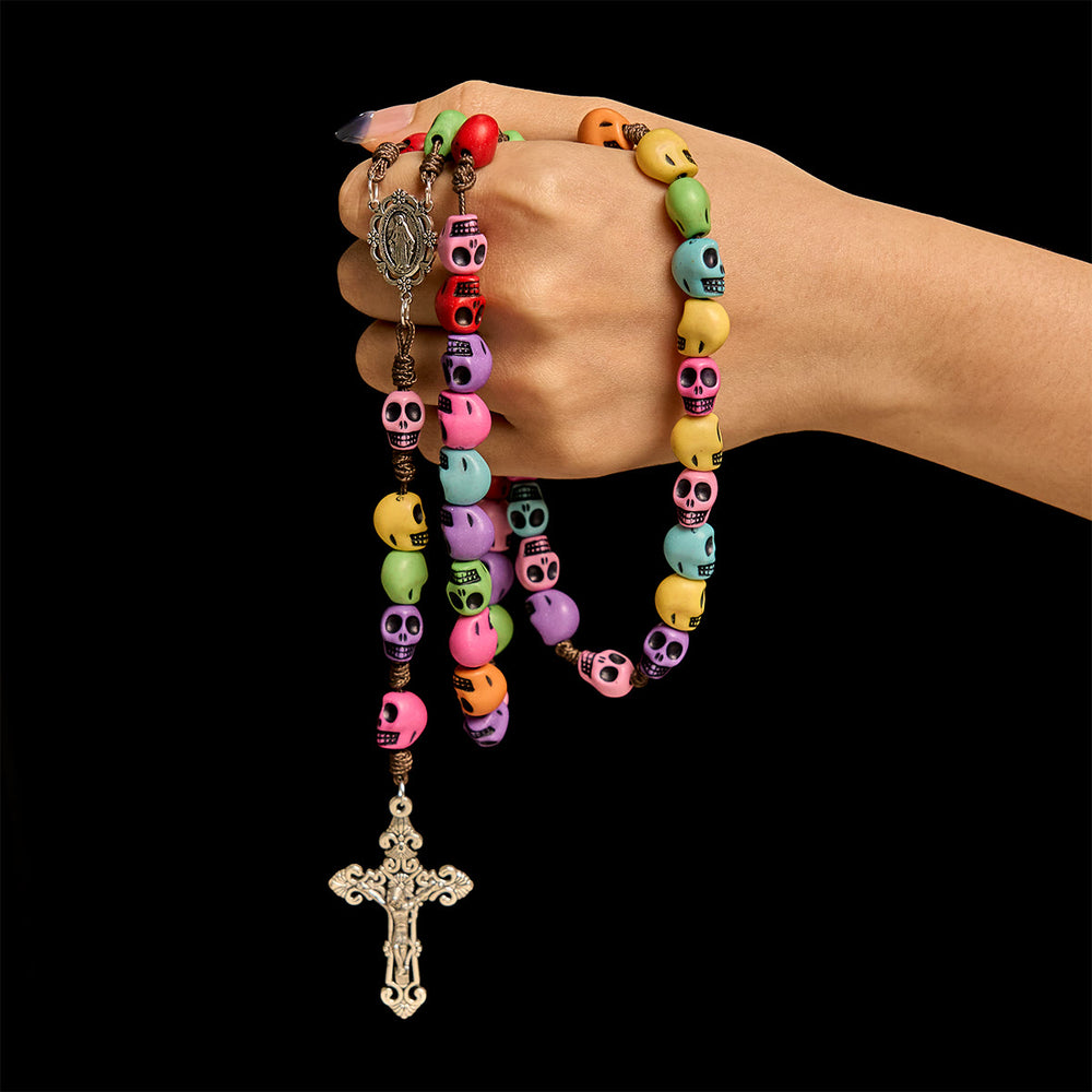 Christianartworkshop Colorful Skull Beads Halloween Rosary with Vintage Silver Crucifix - image 1