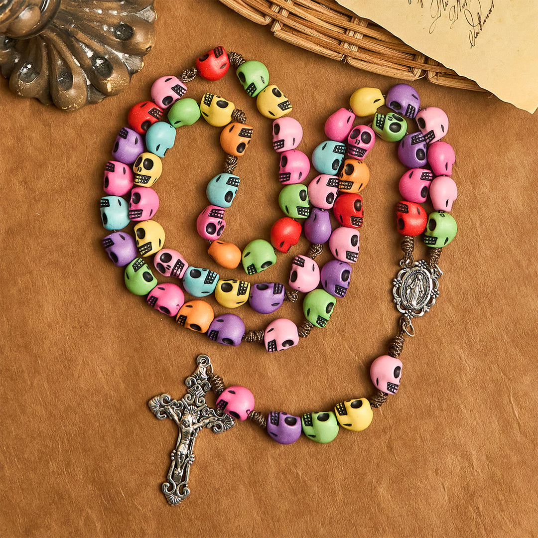 Christianartworkshop Colorful Skull Beads Halloween Rosary with Vintage Silver Crucifix - Colorful Halloween - Themed Rosary - image 0