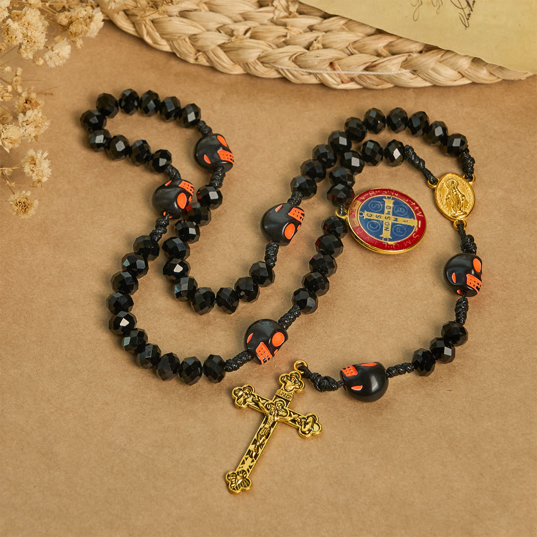 Christianartworkshop Halloween Gothic Style Rosary: Black Skull Design with Golden Crucifix - Black Halloween - Themed Rosary - image 0