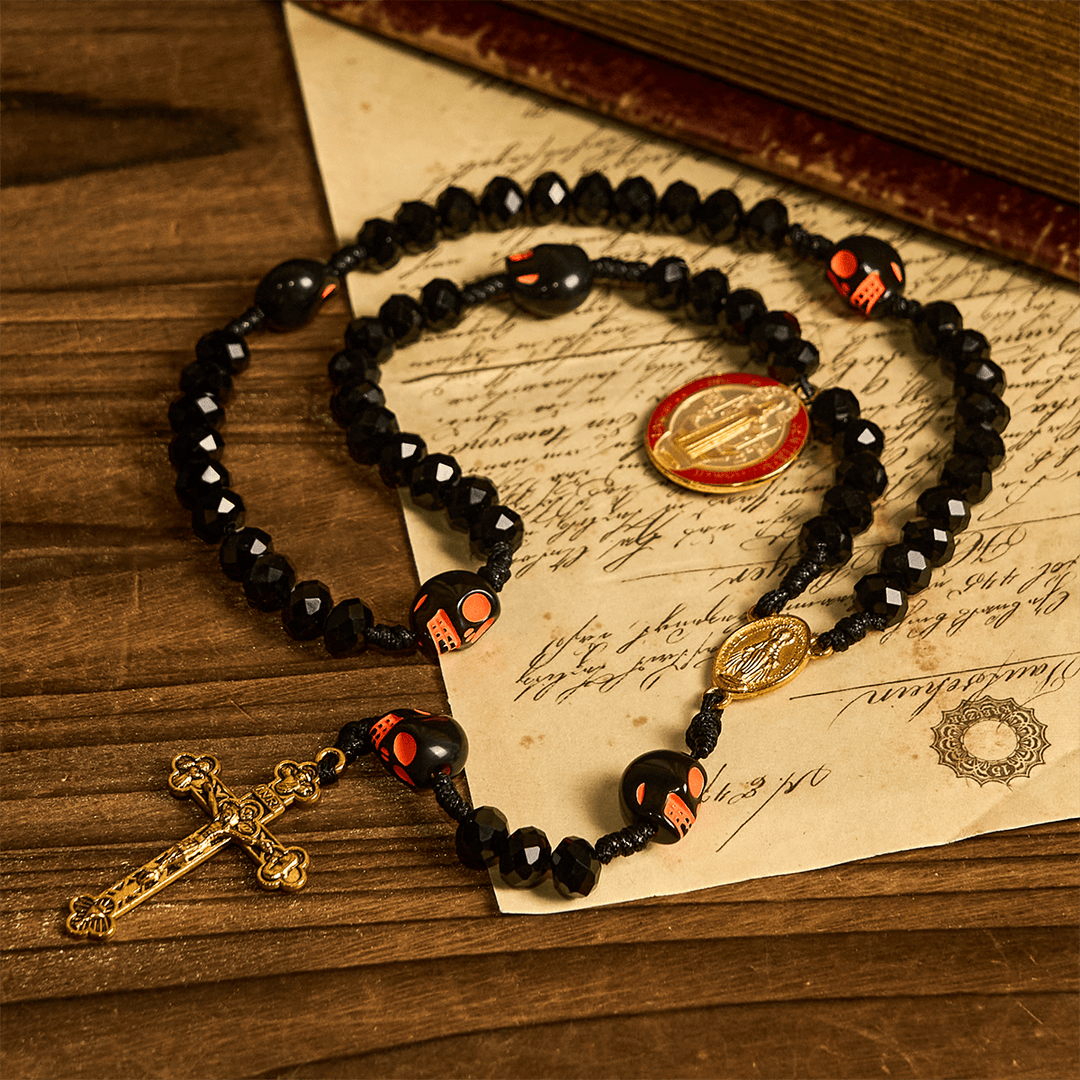 Christianartworkshop Halloween Gothic Style Rosary: Black Skull Design with Golden Crucifix - image 2