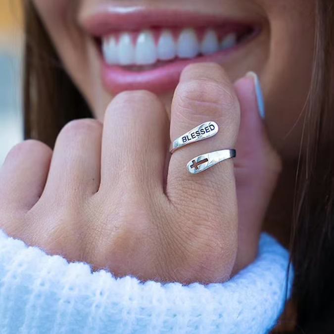 Christianartworkshop Adjustable “BLESSED” & Cross Ring: Minimalist - Style Spiritual Accessory - image 1